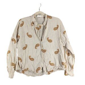 AMEE Women Button-up Shirt Paisley Embroidered Size LARGE(12-14) Woven Beige